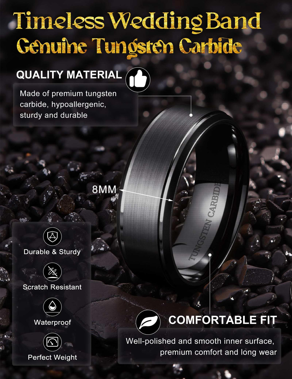 Jstyle 8MM Tungsten Wedding Band Ring for Men Black Rings Size 9.5