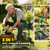 Suntee Garden Seat with Wheels, Rolling Gardening Stool with 360° Swivel Seat & Backrest,Tool Storage Basket & Back Tool Pouch, Adjustable Handle, Outdoor Gardening Scooter, Garden Cart for Seniors