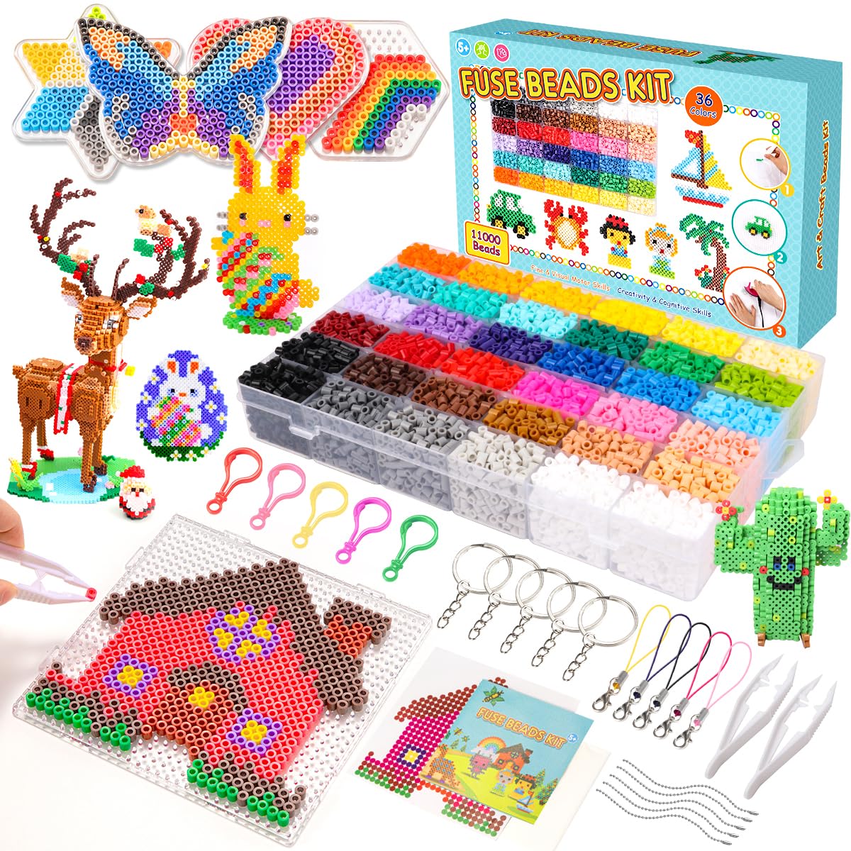 Meland Fuse Beads Kit - 11,000 pcs 36 Color Beads for Craft for Girls Age 5-12 Year Old,5MM Melty Beads Set Including 5 Pegboards, Ironing Paper & Chain Accessories Iron Beads Christmas Birthday Gift
