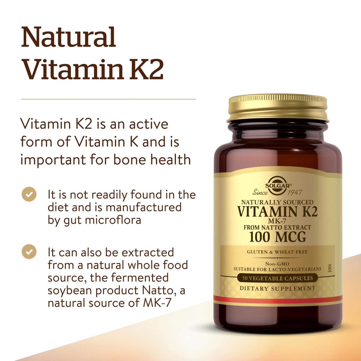 Solgar Naturally Sourced Vitamin K2 (MK-7) 100 mcg - 50 Vegetable Capsules - Supports Bone Health - Whole Food Source from Natto Extract - Non-GMO, Gluten Free - 50 Total Servings