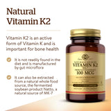 Solgar Naturally Sourced Vitamin K2 (MK-7) 100 mcg - 50 Vegetable Capsules - Supports Bone Health - Whole Food Source from Natto Extract - Non-GMO, Gluten Free - 50 Total Servings