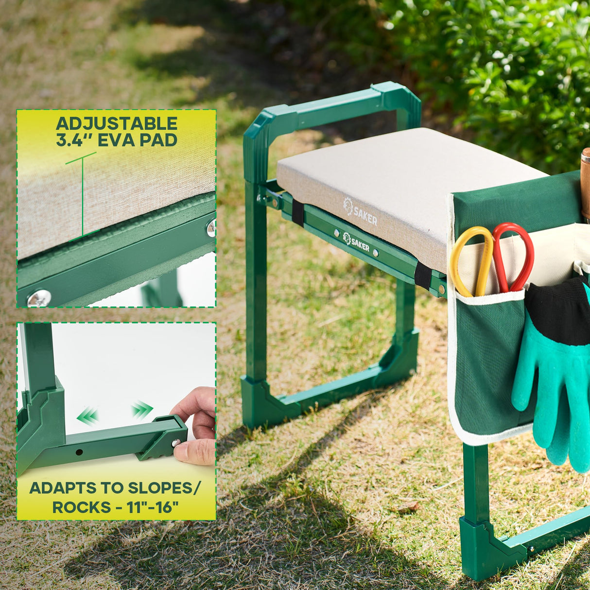 Saker Garden Kneeler and Seat Foldable Gardening Stool with Extendable Legs & Thickened Pad, Tool, Heavy Duty 400lbs Support for Elderly, Gardening, Outdoor Use
