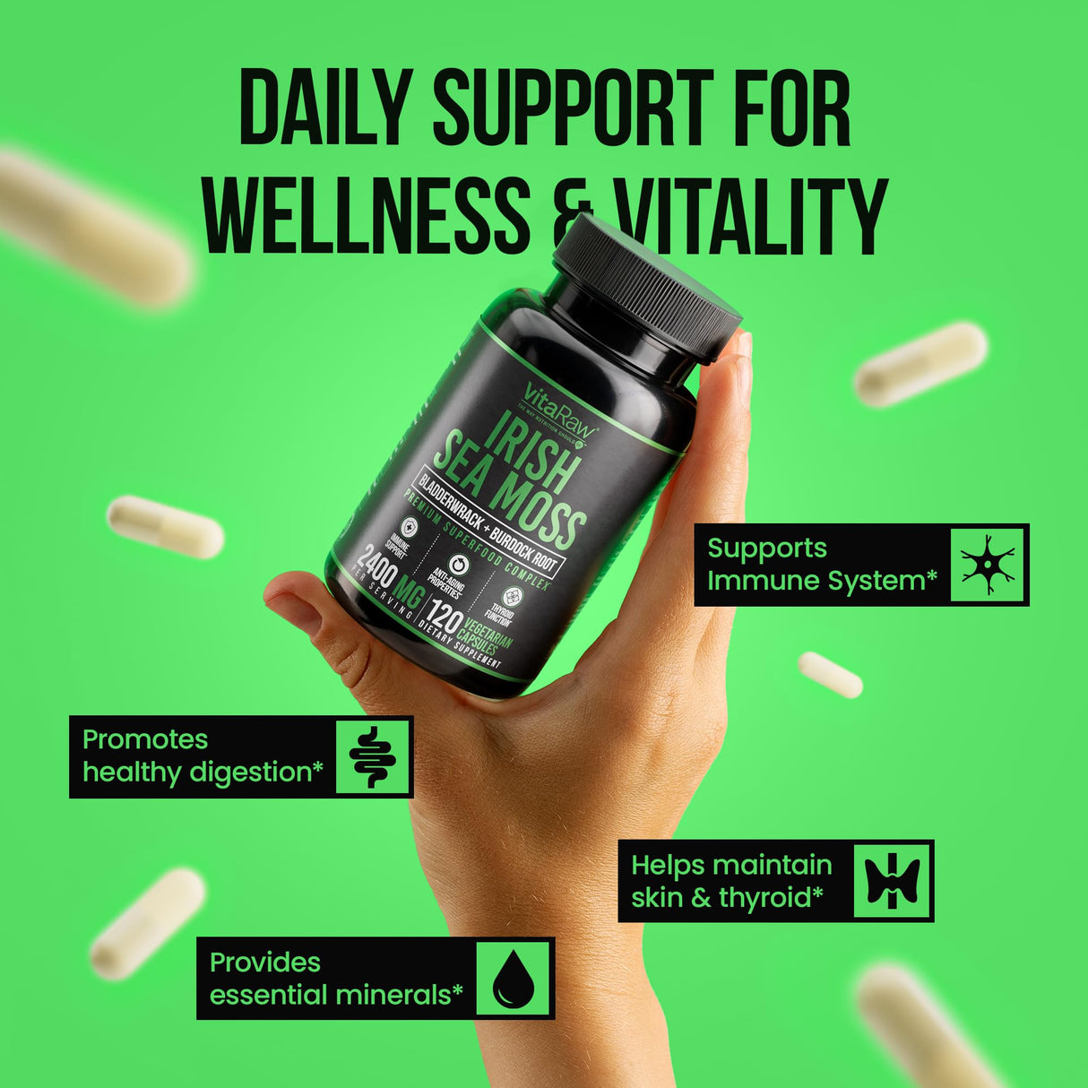 VitaRaw Organic Irish Sea Moss Capsules 2400 mg - Burdock Root and Bladderwrack Powder Real Seamoss Pills for Immune Support, Joint and Gut Health Help - Raw Sea Moss Advanced Herbal Supplement