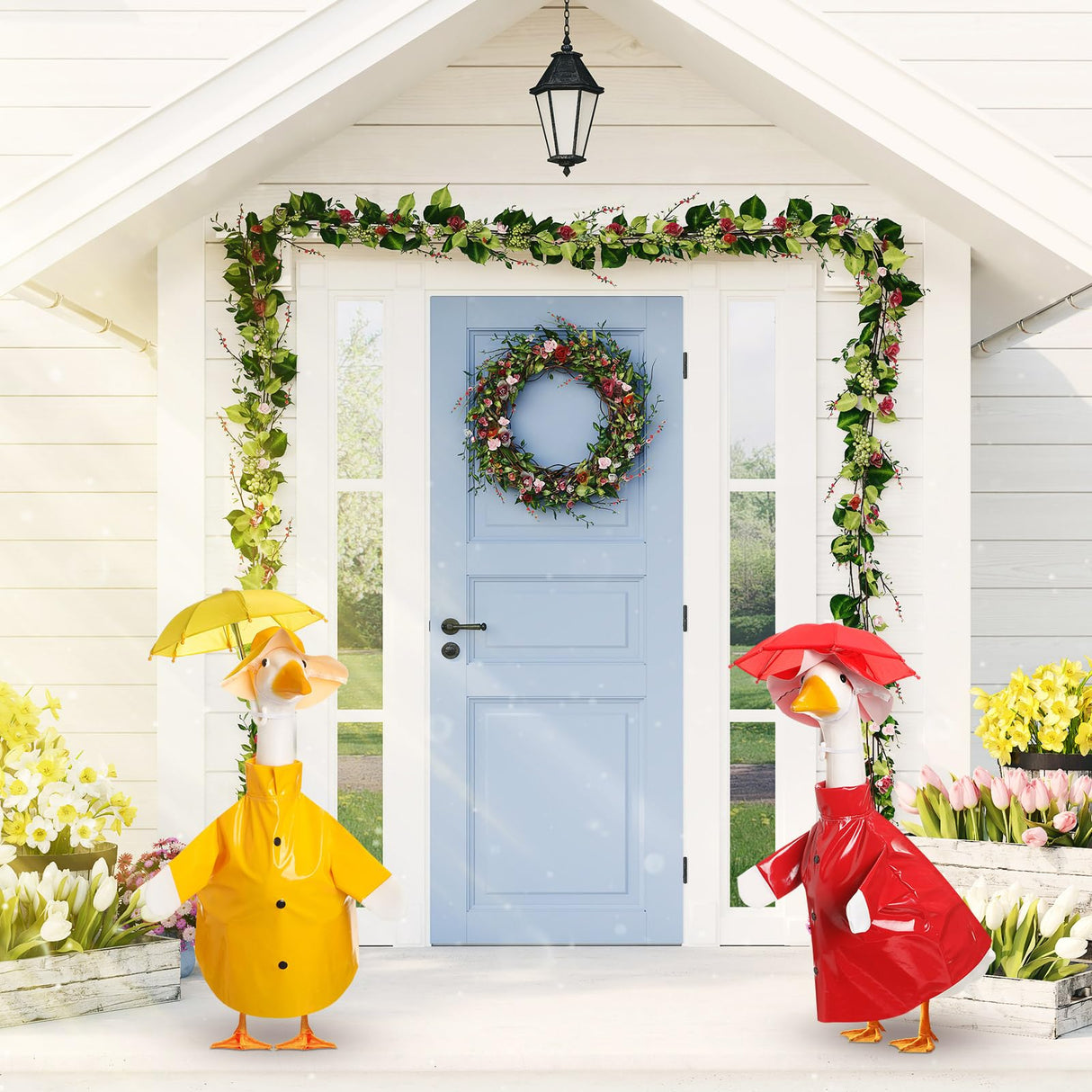 Yeyeplum 2 Set Porch Goose Outfit Raincoat and Umbrella Summer Lawn Porch Goose Cloth Costume Raincoat Outfits for Summer Outdoor Patio Yard Lawn Decoration(Red and Yellow,23 Inches,Classic Style)