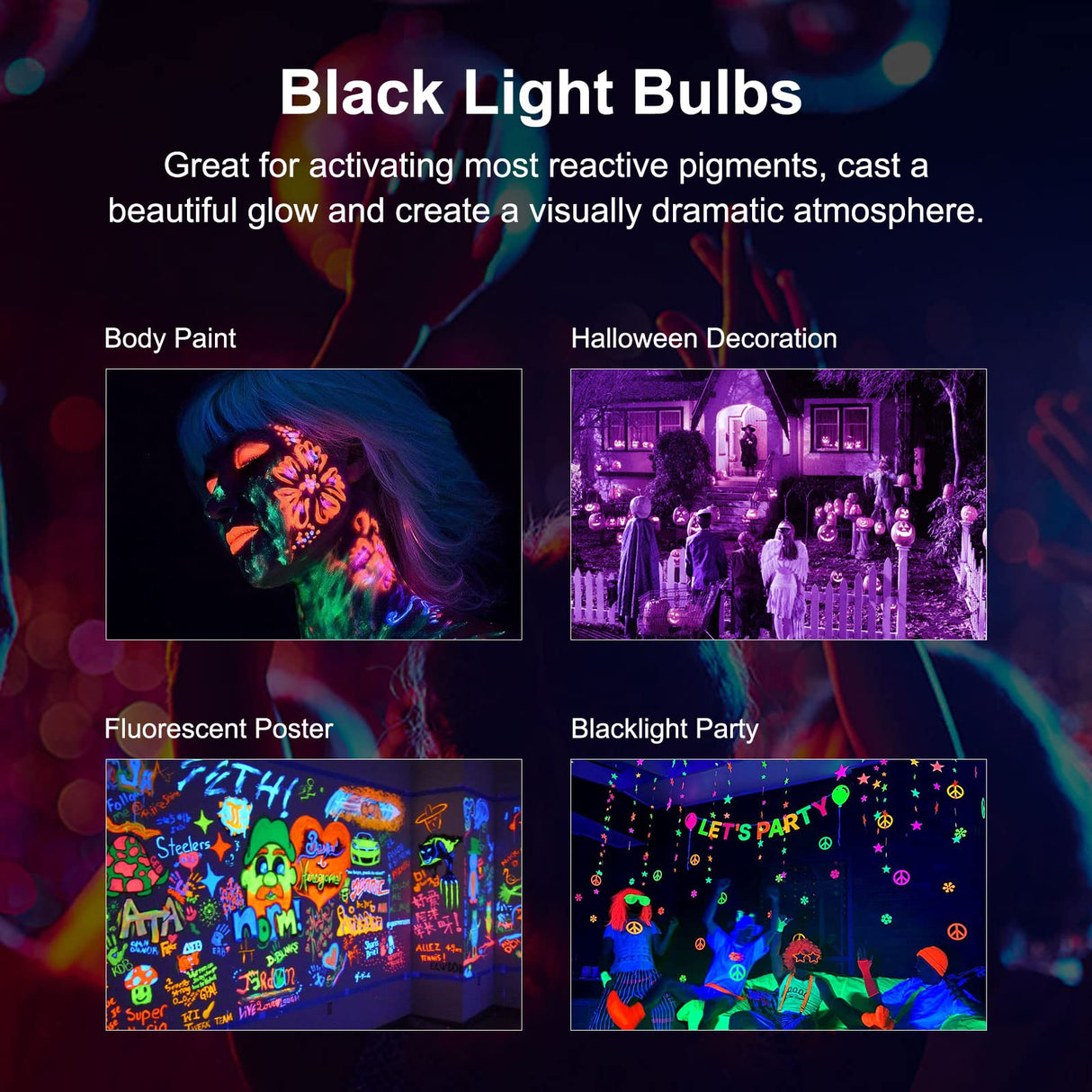 Gonhom 2 Pack Par38 Black Light Bulbs Outdoor,20W Black Flood Light Replace to 200W,1000LM E26 Base Blacklight Bulbs Outdoor for Halloween Light Bulbs,Christmas Party Decor,Home Lighting