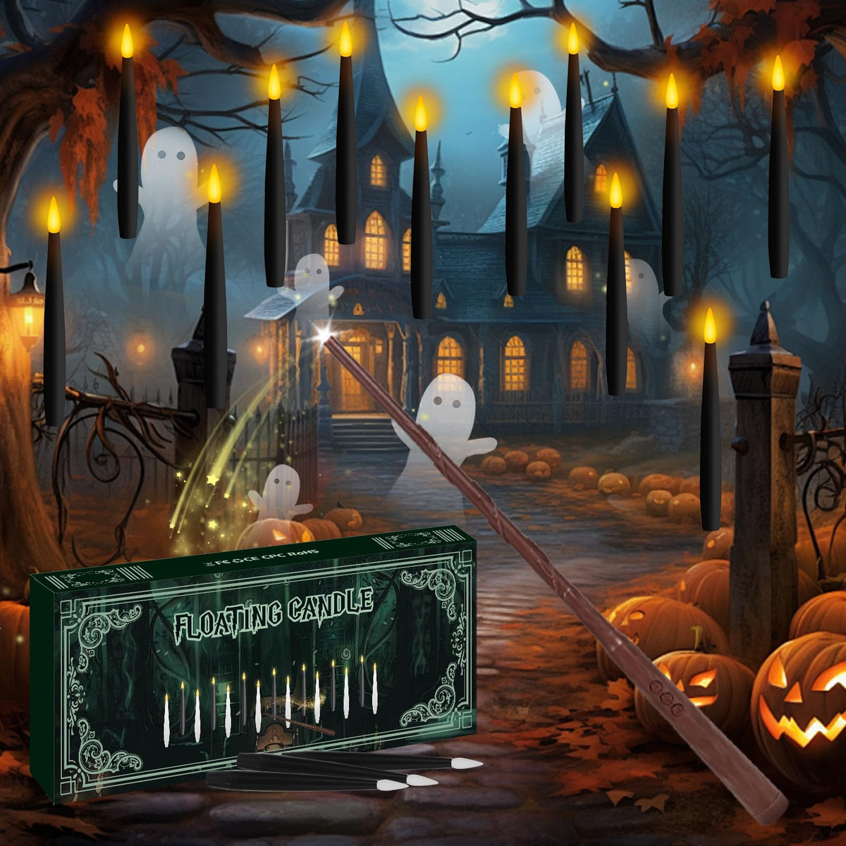 NURADA Floating Candles with Wand Remote Timer - Magic LED Hanging Flameless Taper Candles Flickering Battery Operated for Halloween Birthday Theme Party Holiday Home Window Decor - Black 12 Pack
