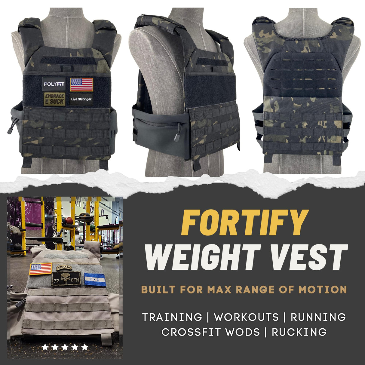 Polyfit (Fortify) Weighted Vest for Strength and Endurance Training, Fitness Workouts, Running, WODs - Multicam Black