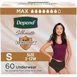 Depend Silhouette Adult Incontinence & Postpartum Bladder Leak Underwear for Women, Maximum Absorbency, Small, Black, 60 Count (2 Packs of 30), Packaging May Vary