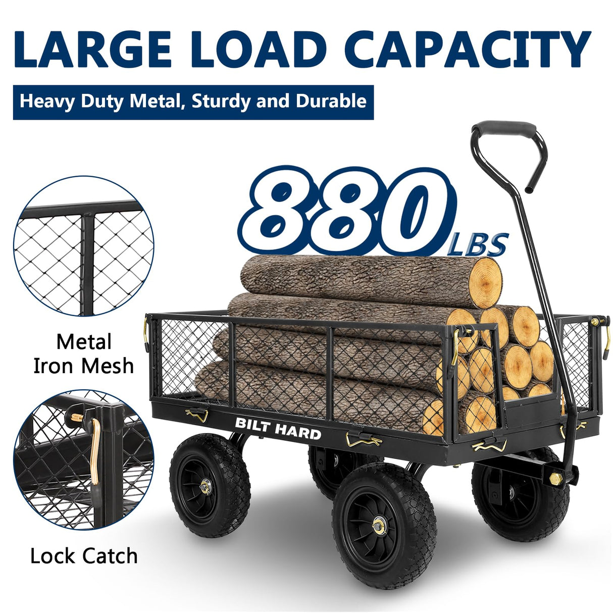 BILT HARD 10" Flat Free Tires Heavy Duty Garden Cart with 180° Rotating Handle and Removable Sides, 4 Cu.Ft 880 lbs Capacity Utility Steel Wagons for Outdoor, Yard