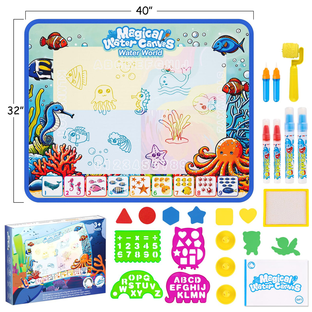 Water Doodle Mat,Kids Painting Mat, Toddlers Drawing Writing Toys,Reusable Coloring Mat, Birthday Christmas Gifts for 3 4 5 6 7 8 Years Old Boys Girls, 40 x 32 Inches