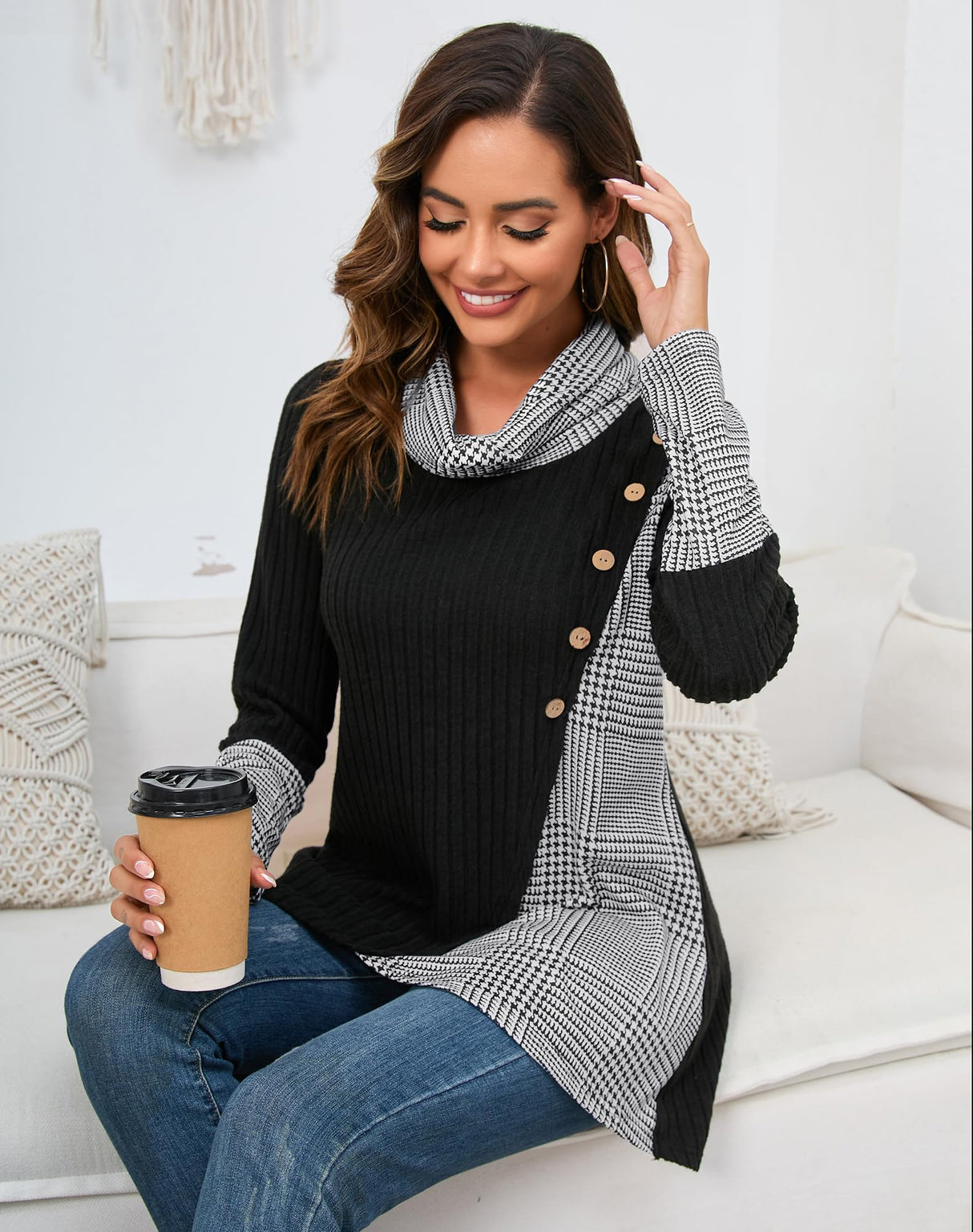 Miusey Cable Knit Sweater Lightweight Sweaters for Women Cozy Sweatshirts for Women Loose Fit for Holiday Christmas Black White Plaid L