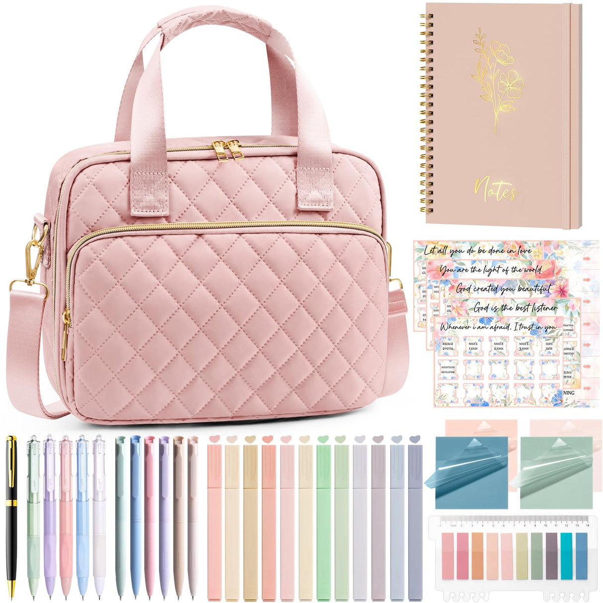 Bible Cover Case for Women, Large Bible Bag Bible Study Supplies Accessories Journaling Kit with Highlighters Tabs, Quilted Book Carrying Cases with Shoulder Strap, Christmas Christian Gifts for Women