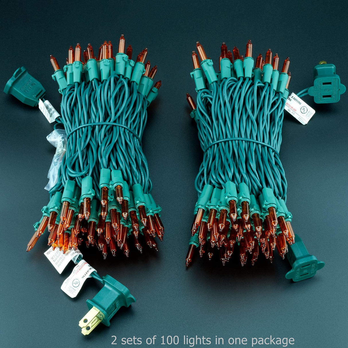 YULETIME 200 Orange Christmas Lights, Pack of 2 Sets 33 Feet 100 Count UL Certified Incandescent String Lights (Orange - Green Wire)