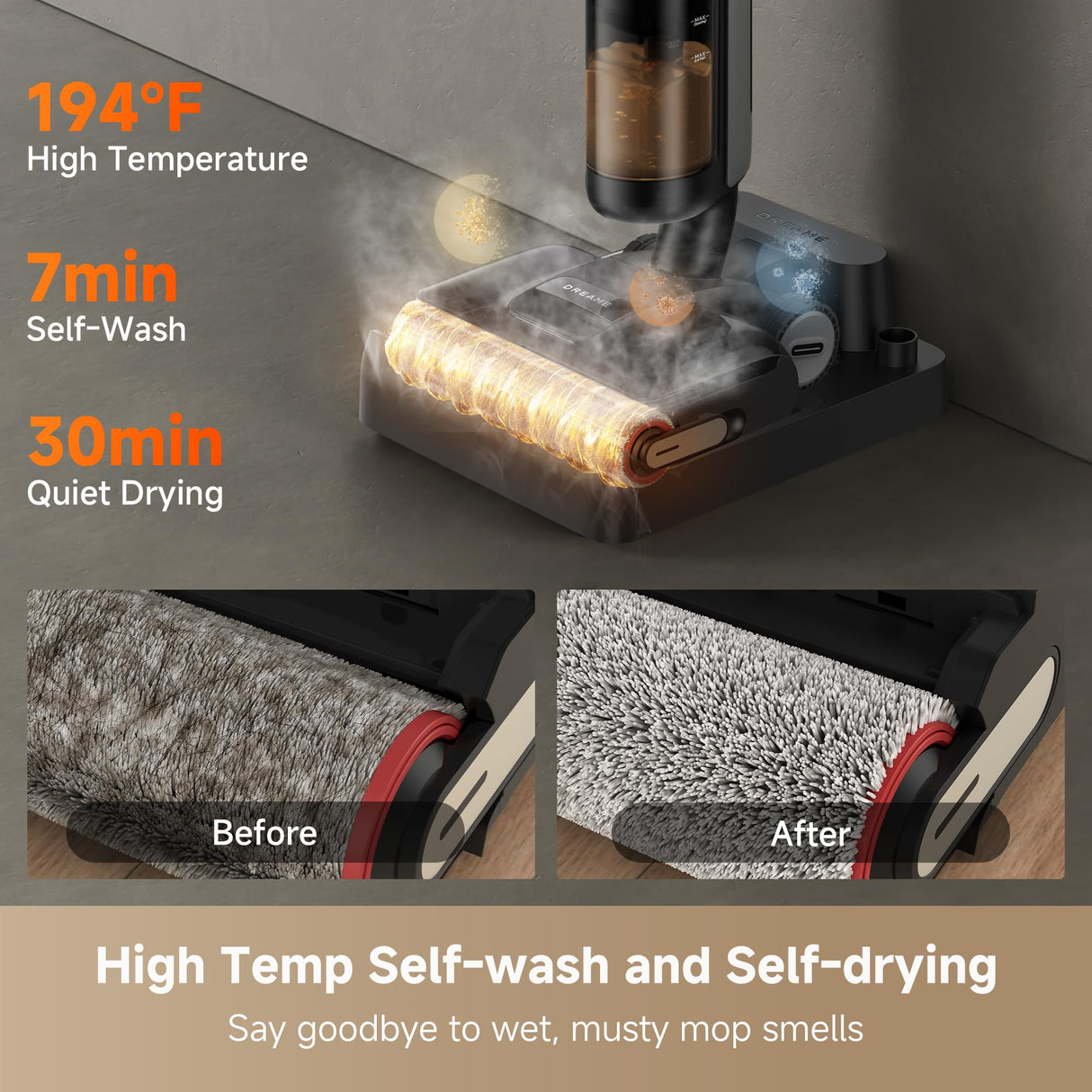 DREAME H12 Pro Gen2 Vacuum Mop, 0 Tangle Wet Dry Vacuum Cleaner, Cordless Vacuum Mop All-in-One for Hard Floors, 180° Lie-Flat Floor Cleaner Machine with 194°F Hot Self-Cleaning, 50Mins Runtime