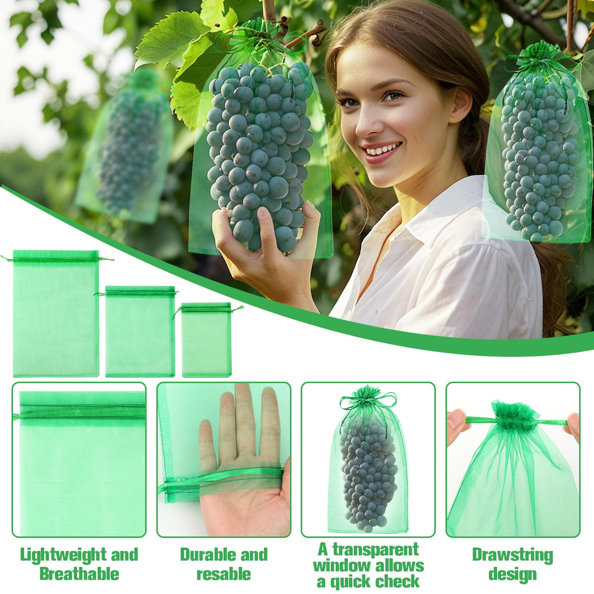 180 Pcs Fruit Protection Bags for Fruit Trees, Green Fruit Netting Cover Bags 3 Size Garden Netting Bags with Drawstring Mesh Barrier Bags for Plant Flower Vegetable Fruit Organza Bags Netting