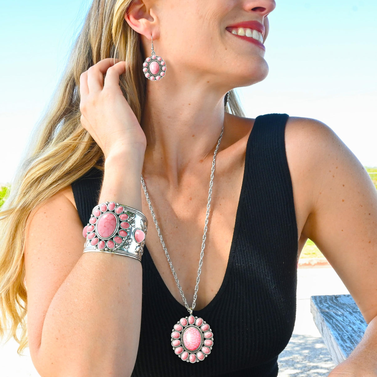 Shop LC Howlite Western Jewelry Set for Women | Turquoise Inspired Cowgirl Boho Necklace Earrings Bracelet | Chunky Statement Southwestern Jewelry - Sunset Rose