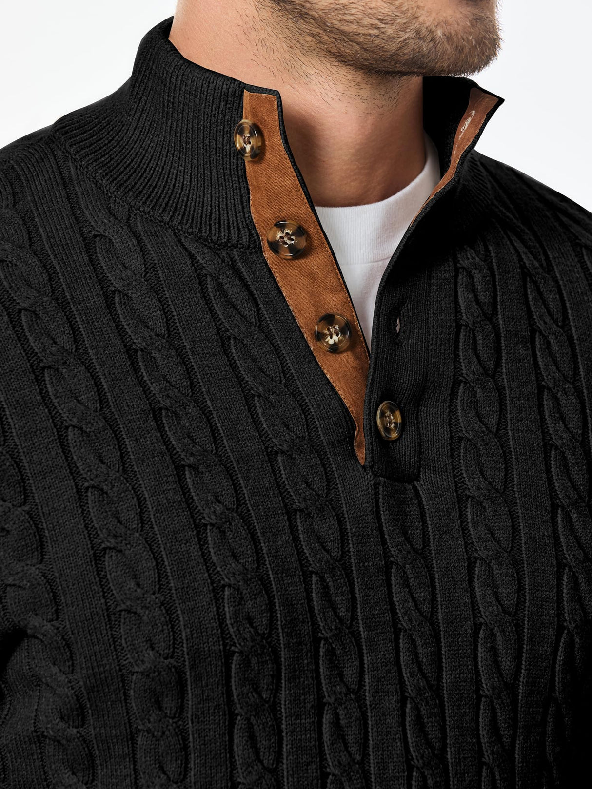 JMIERR Men's Cable Knit Slim Fit Casual Long Sleeve Essentials Soft Touch Button Stand Collar Wool Christmas Sweaters, M, Black