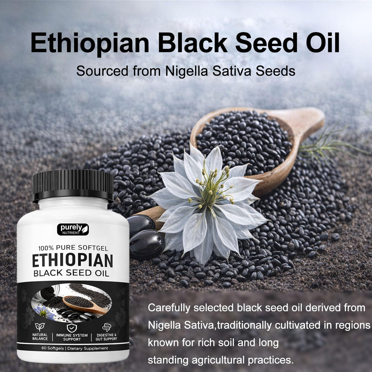Purely Nutrient Ethiopian Black Seed Oil, Purely Ethiopian Black Seed Oil Capsules 4.64% Thymoquinone, Organic Cold Pressed Black Cumin Seed Oil Softgels, Non-GMO, Gluten-Free, 60 Softgels