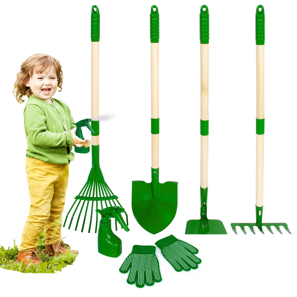 Duckura Kids Gardening Tools Set - 7pcs Garden Tool for Kids with Shovel, Rake, Hoe, Leaf Rake, Outdoor Summer Yard Lawn Digging Weed Toys, Christmas Birthday Gifts for Boys Girls Age 3 4 5 Years Old