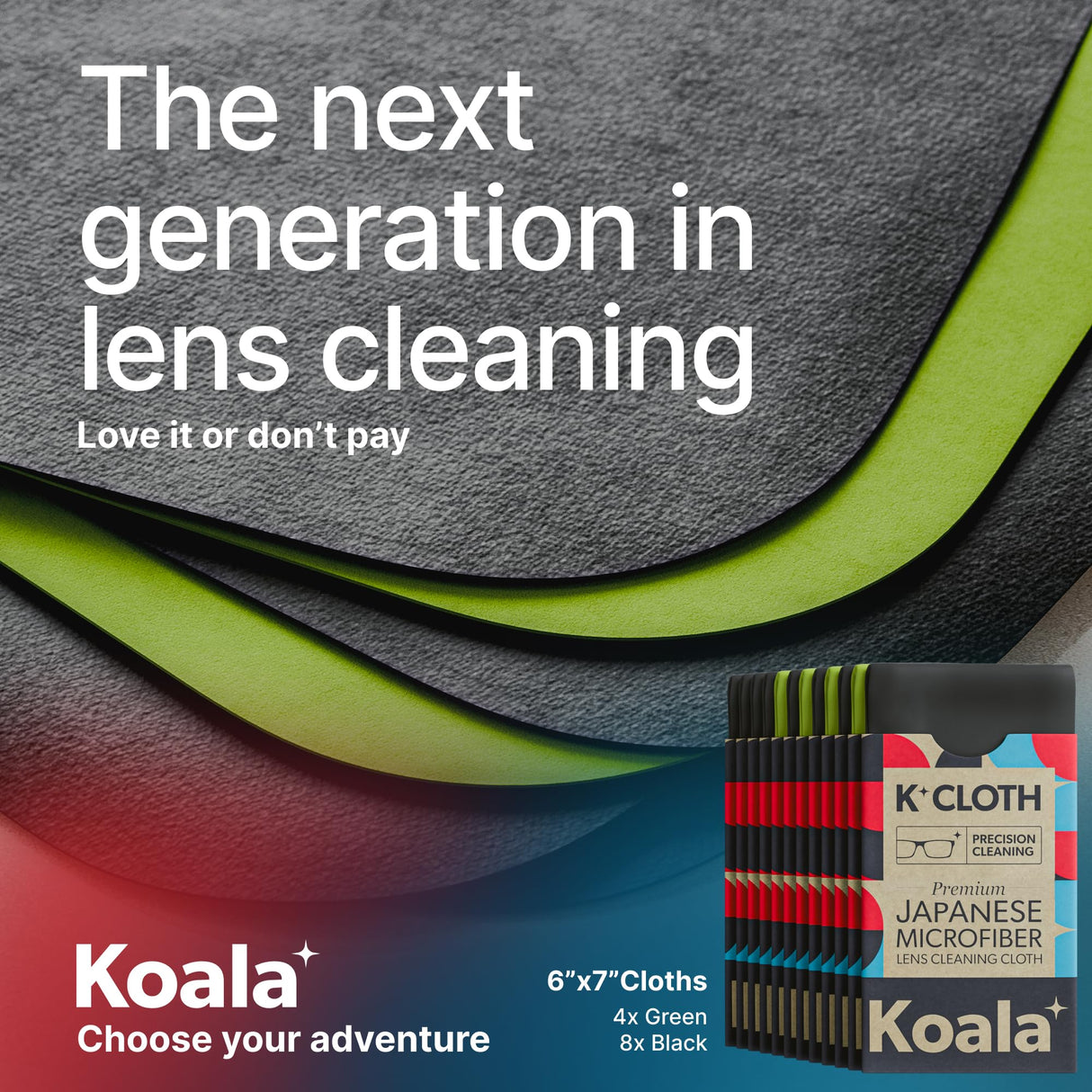 Koala Lens Cleaning Cloth | Japanese Microfiber | Glasses Cleaning Cloths | Eyeglass Lens Cleaner | Eyeglasses, Camera, VR/AR Headset, and Screen Cleaner | Black & Green (Pack of 12)
