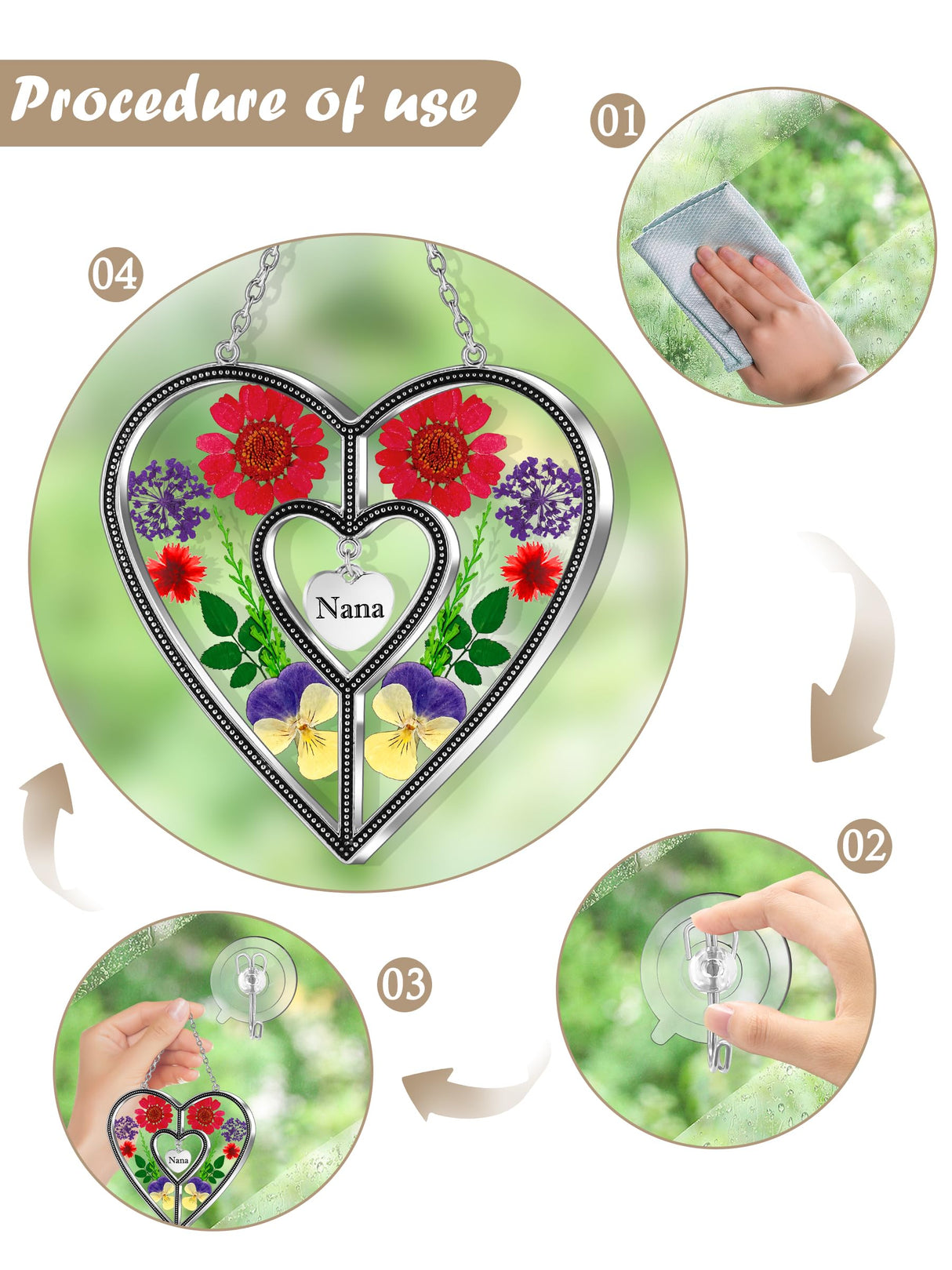 KY&BOSAM Nana Gifts Heart Suncatcher Stained Glass Panel Suncatchers for Window Hanging Ornament Wind Chime Pressed Flower Embedded in Glass and Heart Charm Birthday Gifts for Nana