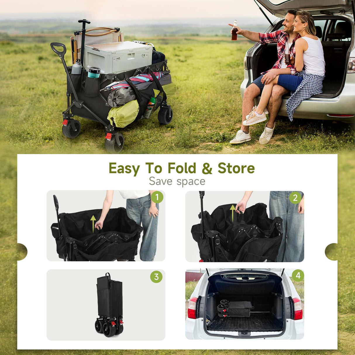 HAUSPROFI Collapsible Wagon Cart, 400 lbs Capacity, 7 cu ft (200L) Large Storage, Heavy Duty Foldable Utility Wagon with Pockets, Beach Wagon with Big Wheels for Sand, Garden, Camping & Grocery