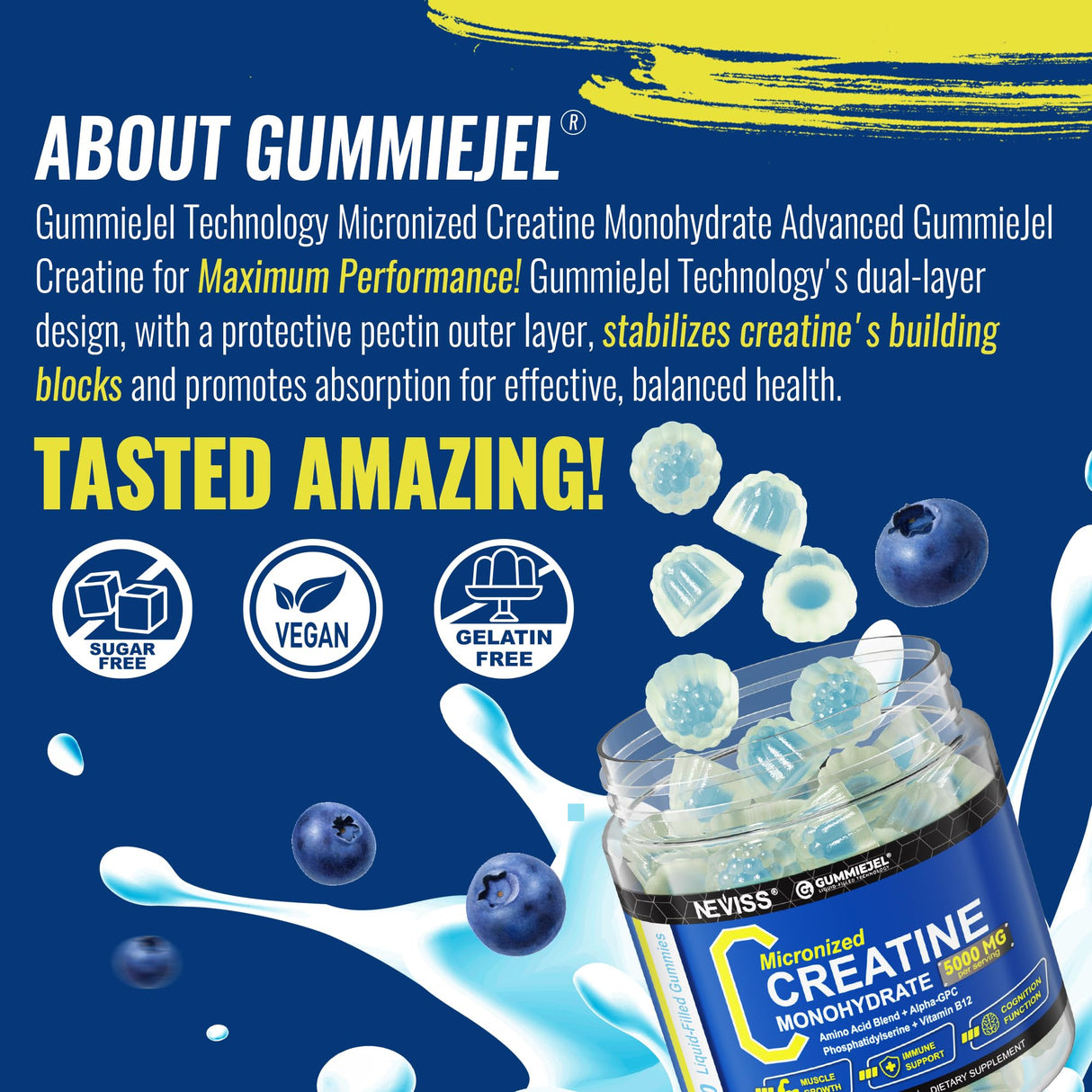 Micronized Creatine Monohydrate Gummies 5000MG for Women & Men, with Amino Acid Blend, Alpha-GPC, Phosphatidylserine & Vitamin B12 for Muscle Strength, Recovery, Energy, Focus, Sugar Free, 60cts