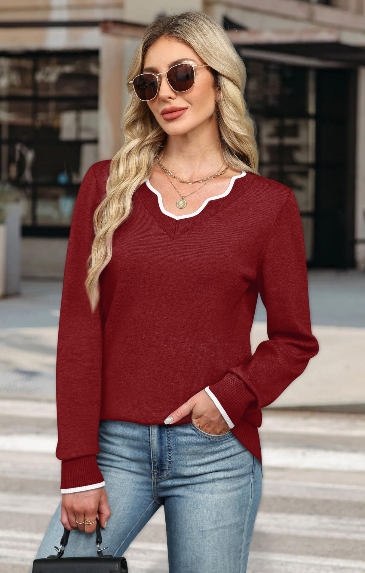 Winter Clothing for Women Ugly Christmas Sweater Women's Sweaters V Neck Pullover Cozy Sweaters for Women Trendy Fall Tops Red L