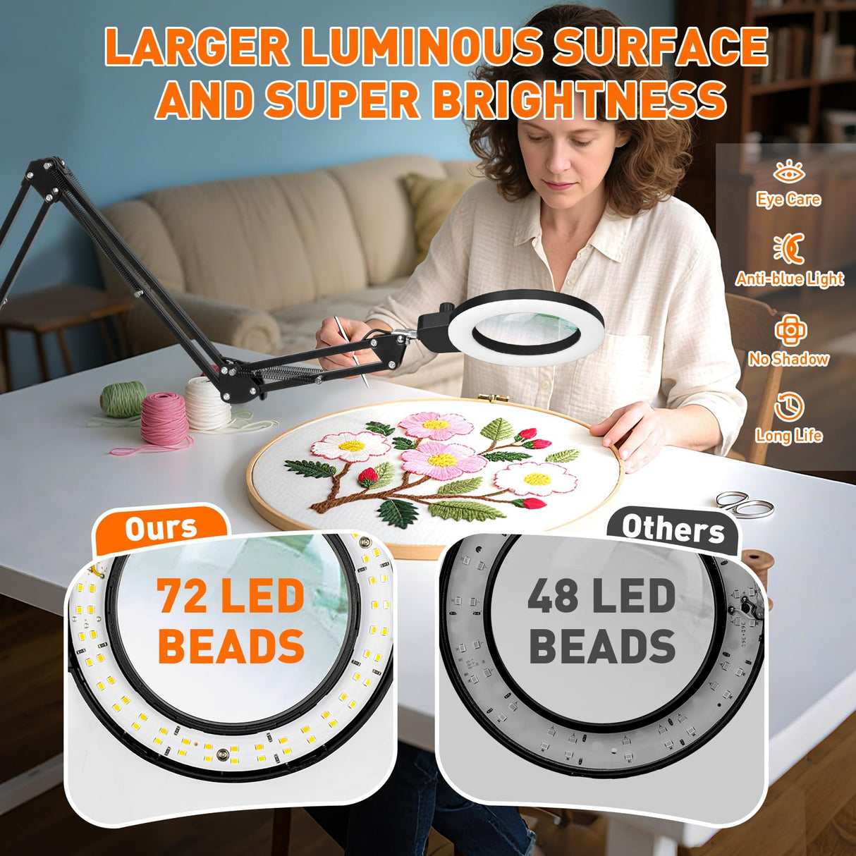 KIRKAS 12X Magnifying Glass with Light and Stand, Extra-Long Arm Magnifying Lamp Overhead Knob for Workbench Craft, Sewing, LED Lighted Magnifier Real Glass Lens Stepless Dimming and Color(35in Clamp)