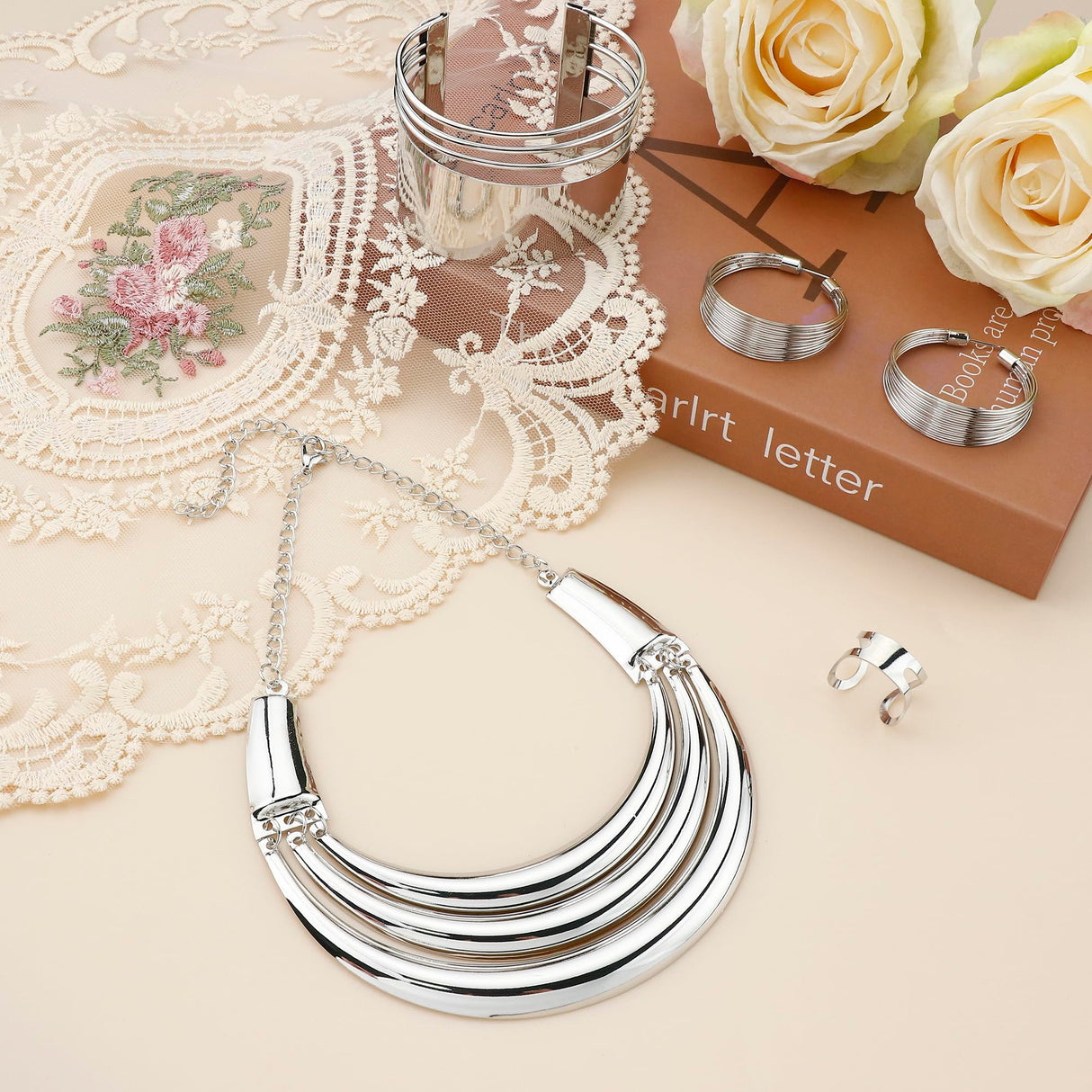 JOERICA Bib Choker Necklace Silver Jewelry Set Wide Cuff Bangle Bracelet Open Hoop Earrings Adjustable Ring Chunky Silver Statement Costume Jewelry Set for Women