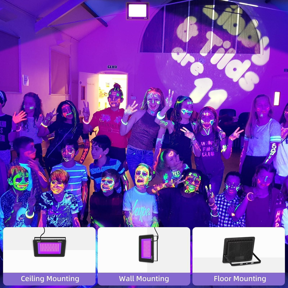 THECHAM 2 Pack Waterproof 120W LED Black Lights con 6ft Cord, Outdoor Black Lights Floodlight for Glow Party, Light Up 1100ft, Flood Light in Dark for Christmas, Birthday, Halloween