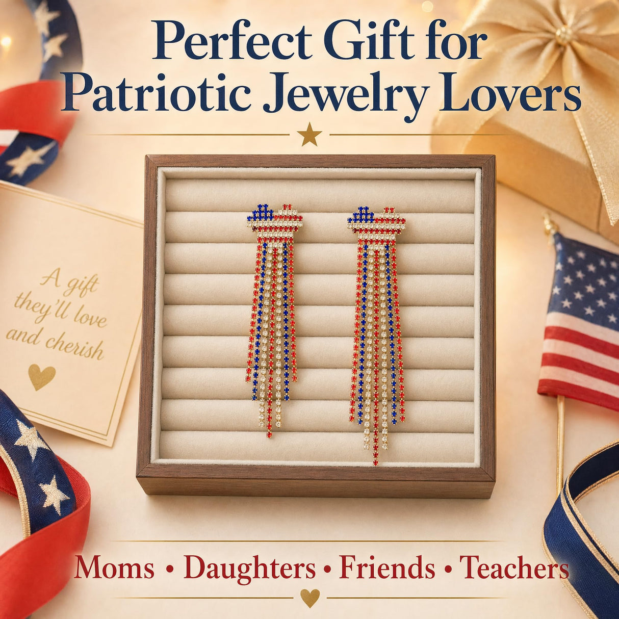 Tasunom American Flag Dangle Earrings for Women, Patriotic 4th of July Earrings, 14K Gold Plated CZ Crystal USA Flag Drop Earrings with S925 Post