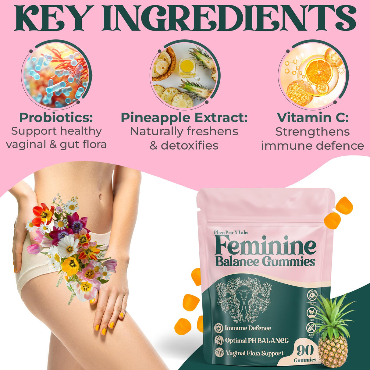 Premium Feminine Balance Gummies for Women’s - Hawaiian Pineapple Gummies for Women pH, 4-in-1 Benefits Includes pH Balance, Healthy Odor, Flora and Immune Support -90 Count (Vegan & Gluten-Free)