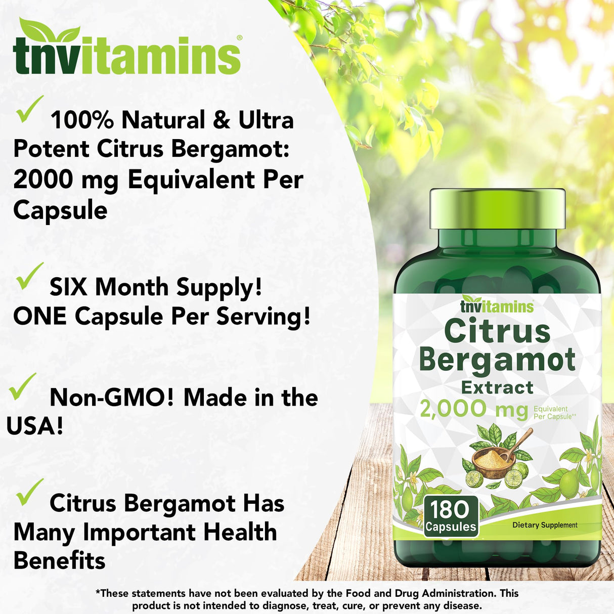 tnvitamins Citrus Bergamot 2000mg - 180 Capsules | Ultra Potent Citrus Bergamot Supplement 2000 mg Per 1 Capsule Serving | 6 Month Supply! | Non-GMO | Made in The USA!