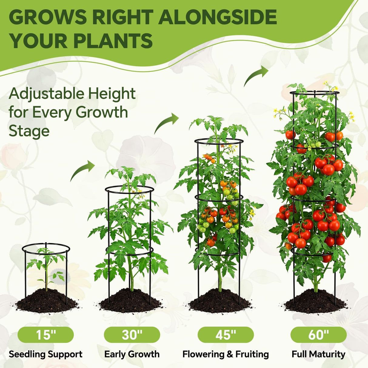 60 Inch Round Tomato Cages for Garden - 2 Pack Heavy Duty Metal Tomato Trellis Plant Support, Adjustable Height & Stackable, Easy Assembly for Outdoor Climbing Plants