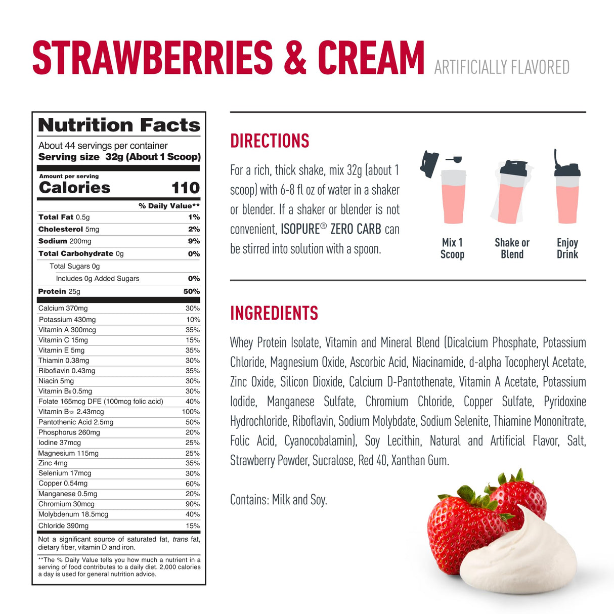 Isopure Zero Carb 100% Pure Whey Isolate Protein Powder, Lactose Free, Gluten Free, With Vitamins, Strawberries & Cream, 25g Protein Per Serving, 3 Lbs, 44 Servings (Packaging May Vary)