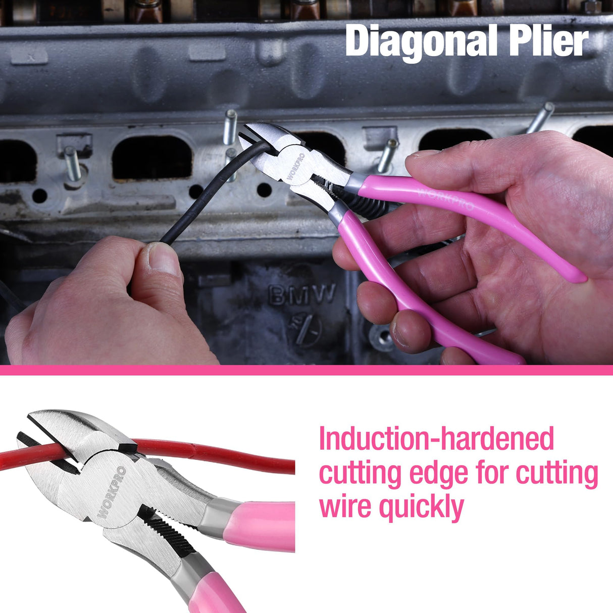 WORKPRO 7-piece Pliers Set with Groove Joint, Long Nose, Slip Joint, Linesman, and Diagonal Pliers for DIY & Home Use - Pink Ribbon