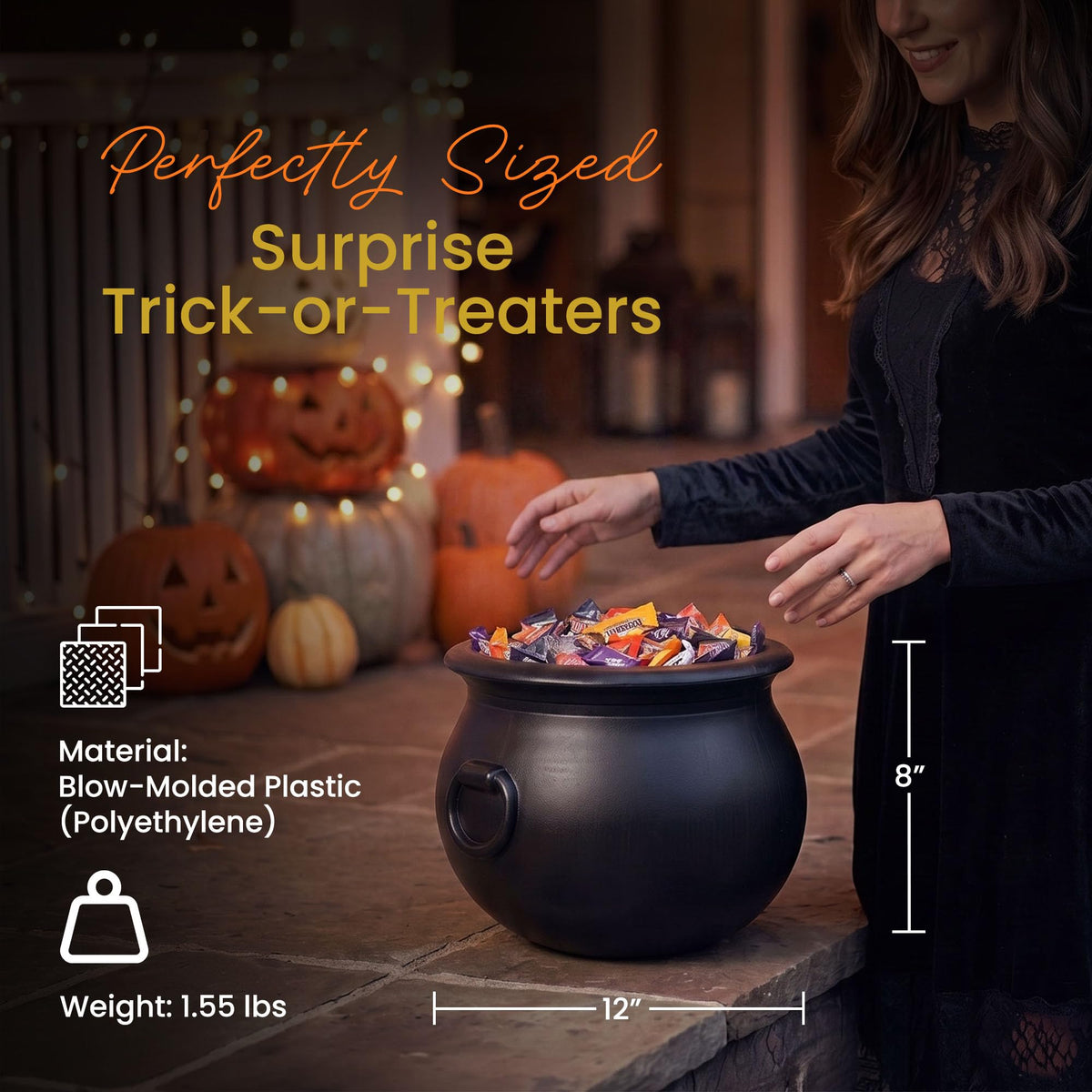 Union Products Black 16 Inch Spooky Witch Cauldron for Indoor and Outdoor Halloween Decoration and Trick or Treat Candy Container, Black