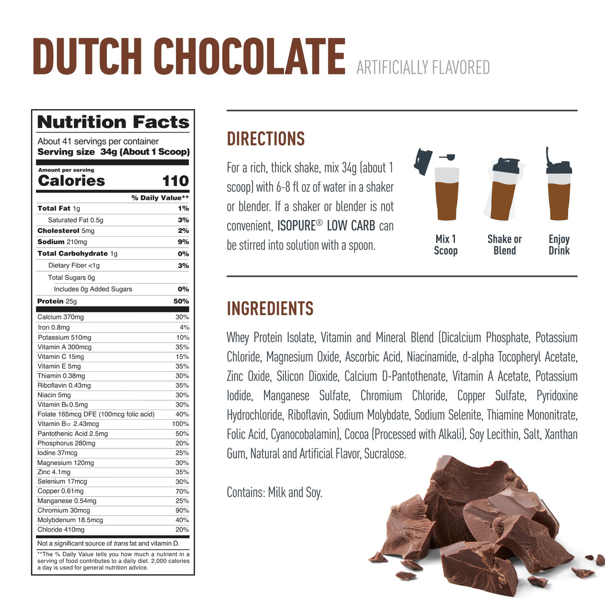 Isopure Low Carb 100% Pure Whey Isolate Protein Powder, Lactose Free, Gluten Free, With Vitamins, Dutch Chocolate, 25g Protein Per Serving, 3 Lbs, 41 Servings (Packaging May Vary)