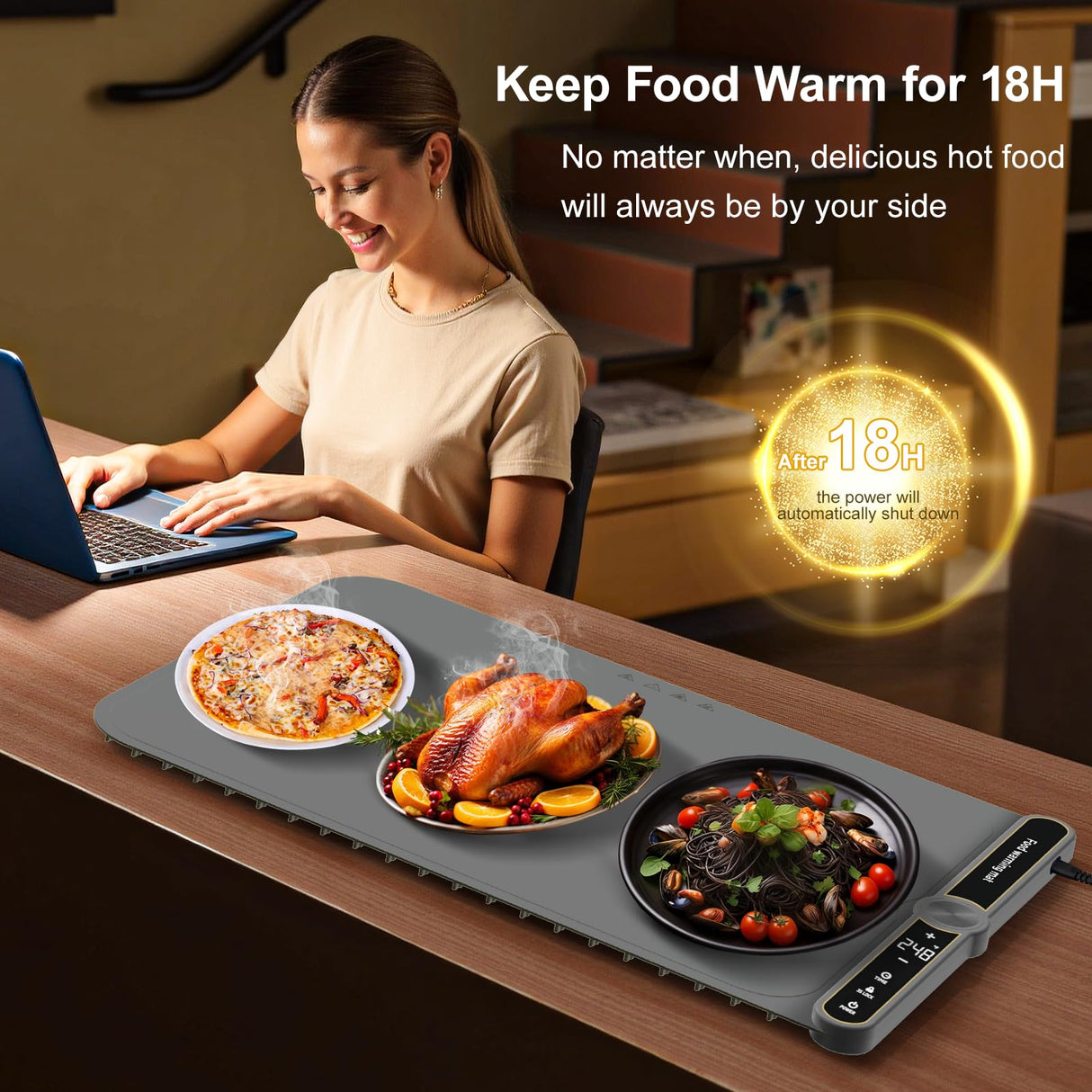 Extra Large Warming Mat for Food XXL:40”X15” Soft Electronic Food Warmers for Parties Buffet Silicone Food Warming Mat 6-Level Timer 9-Level Temp Control 18H Auto-Off 8S Fast Heating Grey