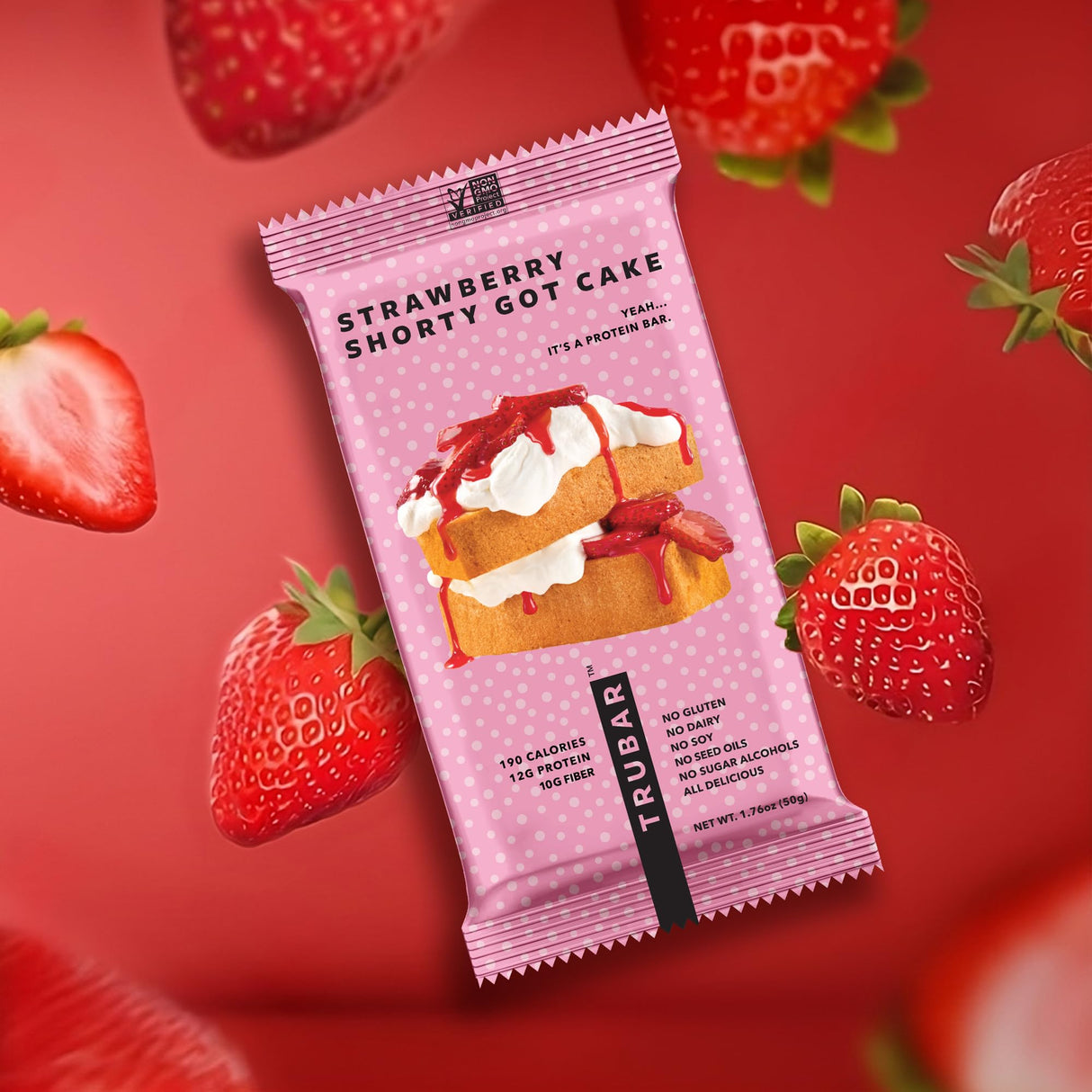 TRUBAR Vegan Protein Bar, Strawberry Shorty Got Cake, Gluten Free, Plant Based Protein, Dairy Free, Non GMO, Soy Free, No Sugar Alcohols, 12G Protein, 12G Fiber, 23G Carb, On the Go Snack Bars, 12 CT