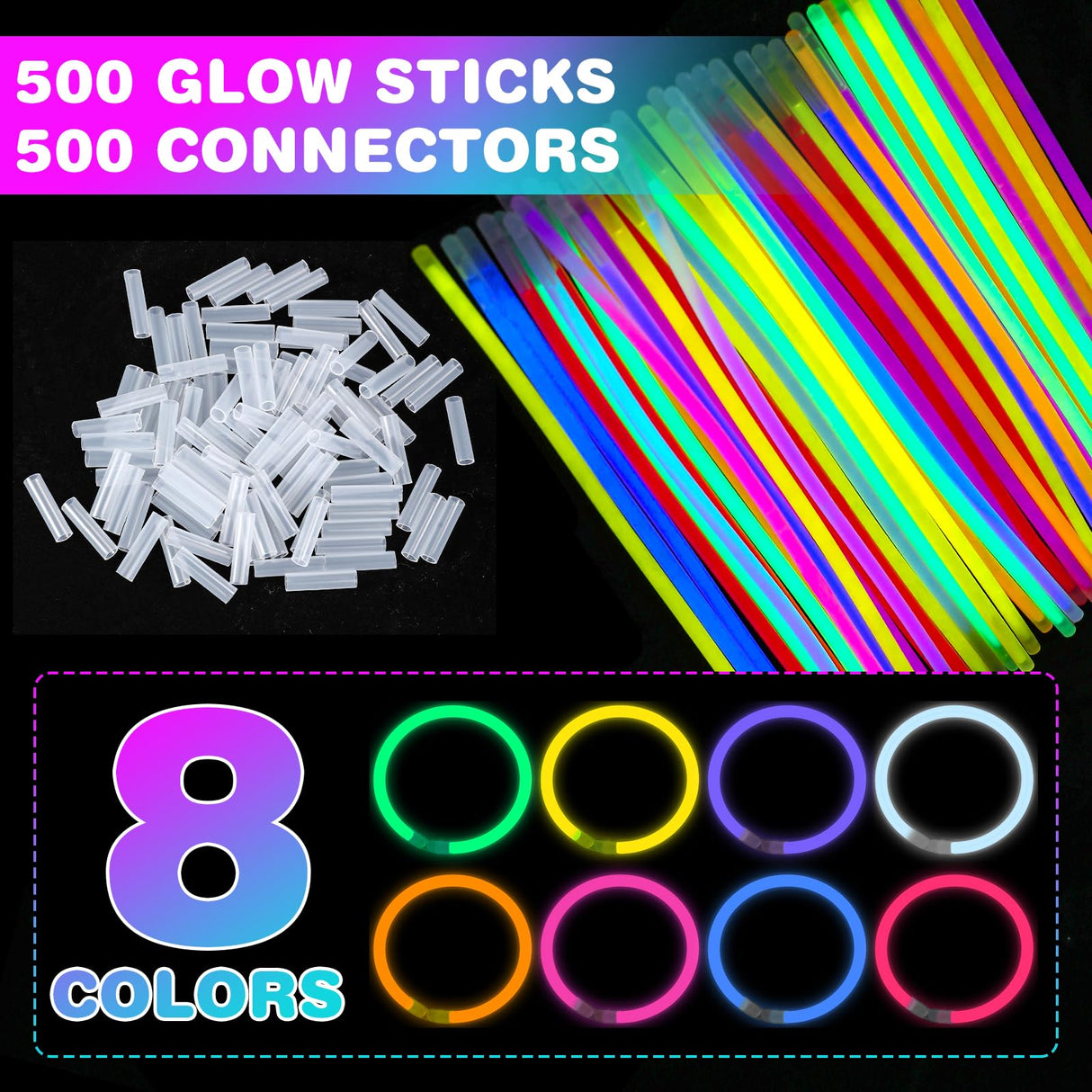 YixangDD 500 PCS Ultra Bright Glow Sticks, 8 Inch Glow Sticks Bulk Party Pack, Light Up Sticks for Glow Bracelets, Necklaces, Concerts, Christmas, Party Supplies with 500 Connectors