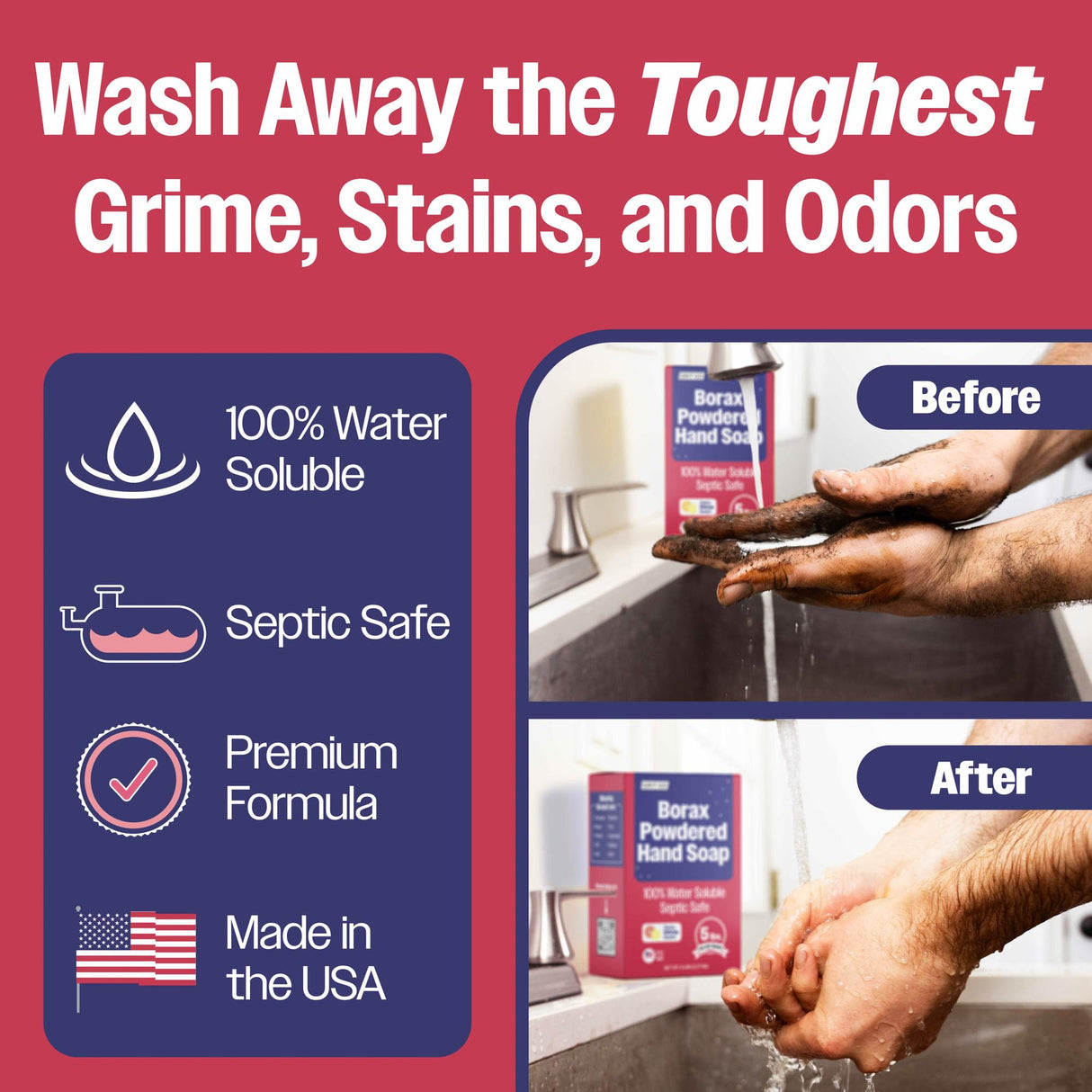 Grit Go Borax Powdered Hand Soap – Heavy-Duty Cleaning, 100% Water Soluble, Septic Safe, Cuts Grease, Oil & Dirt (5 lbs)