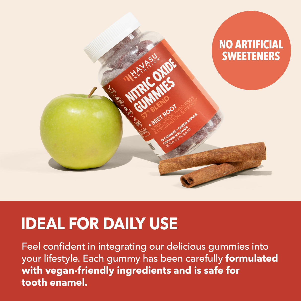 Nitric Oxide Gummies for Men and Women with L-Arginine and Beet Root - NO Gummies for Endurance and Recovery - 90 Count - Green Apple and Cinnamon Flavor - Vegan, Non-GMO, 1 Month Supply