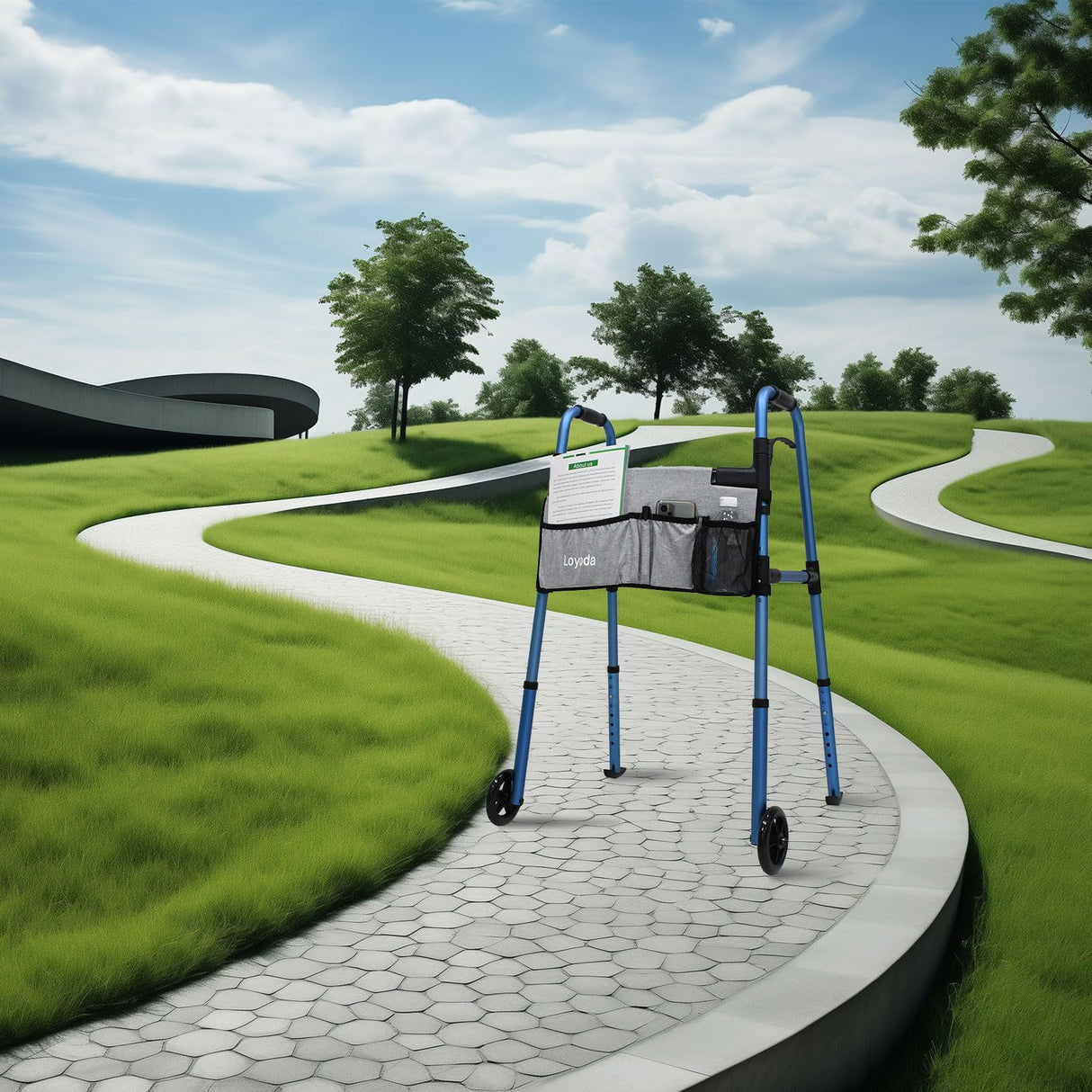 Loyoda Folding Walkers for Seniors,FSA/HSA Eligible Medical Walker 5'' Front Wheel Lightweight Walker with Storage Bag and Skis Glides Height Adjustable Aluminum Compact Standard Walker （Blue）