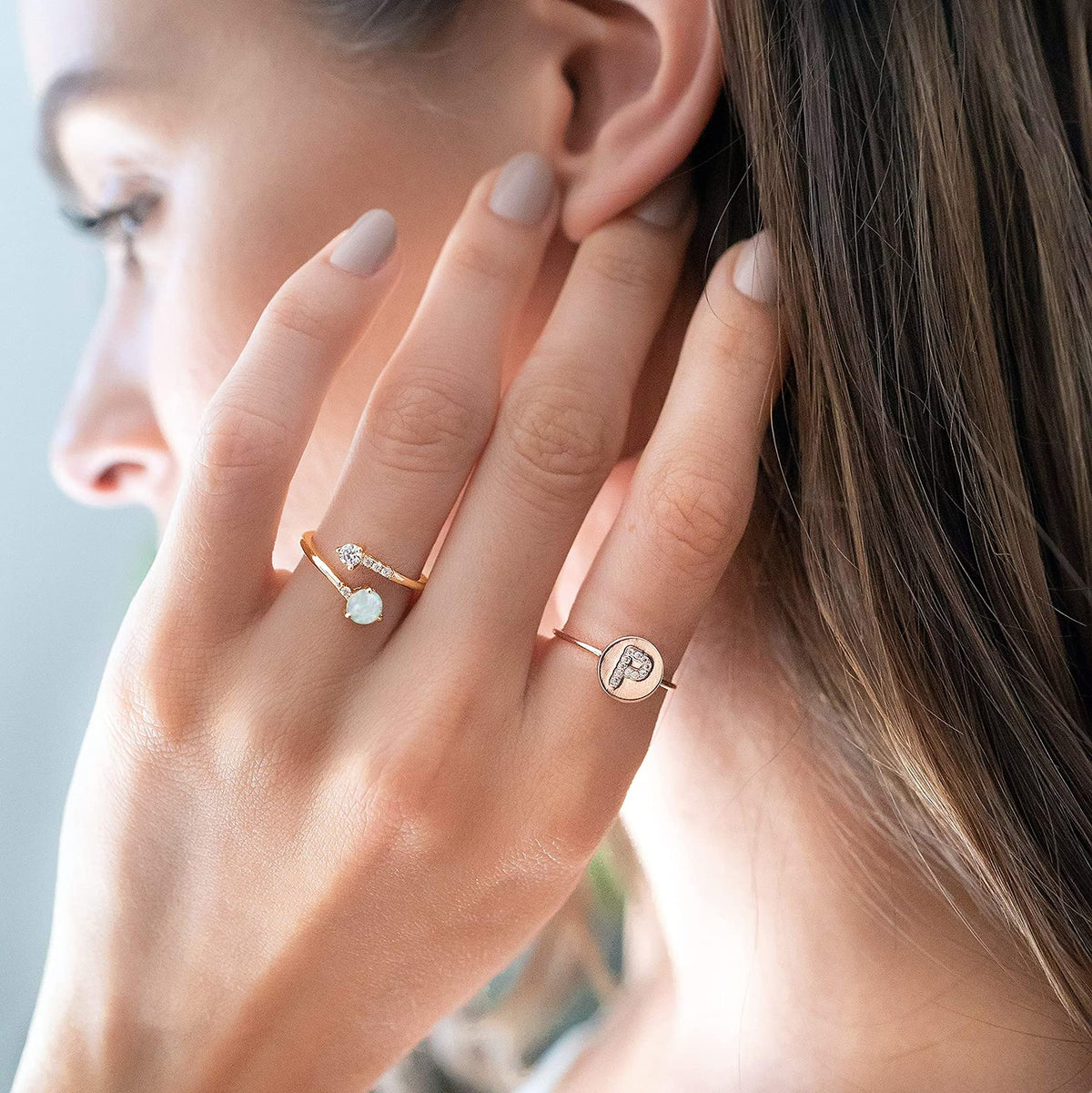 PAVOI 14K Yellow Gold Plated Adjustable White Opal Stacking Rings for Women
