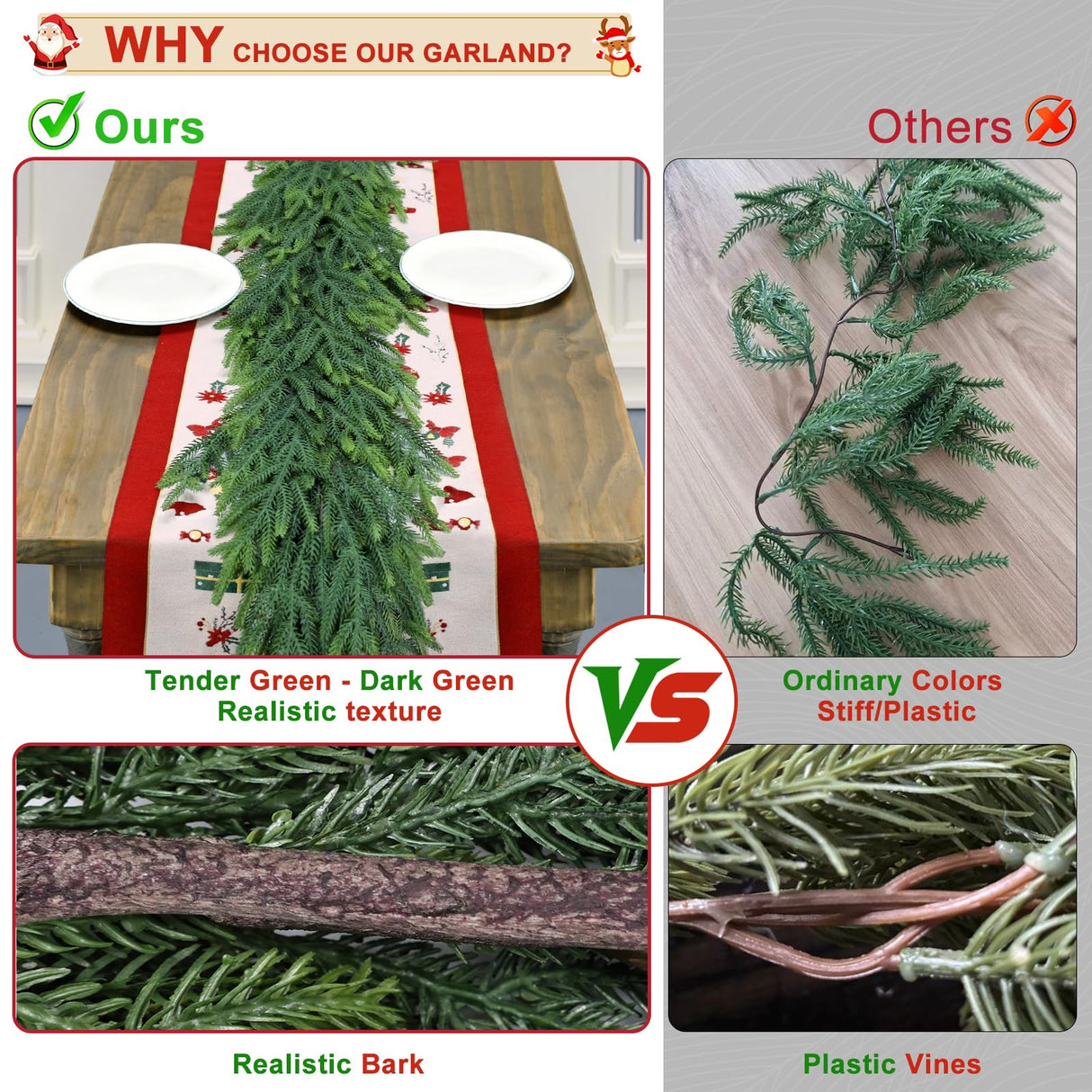 Christmas Cedar Garland for Staircase Real Touch Droopy Bendable Lifelike Faux Xmas Garlands for Decoration Christmas Green Pine Mantle Garland Thanksgiving Table Decorations Outdoor Indoor