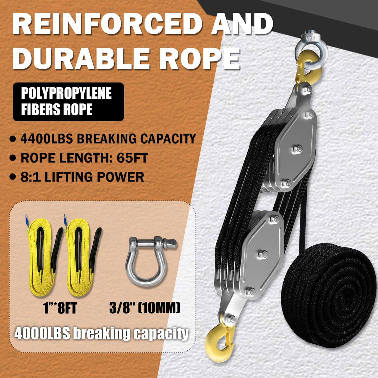 YATOINTO Upgraded Rope Hoist Pulley System, 4400LBS Block and Tackle with 304 Stainless Steel Shackle 2PCS Lift Sling, 8:1 Power 65ft Heavy Duty Pulley Block for Lifting Garage Warehouses Building