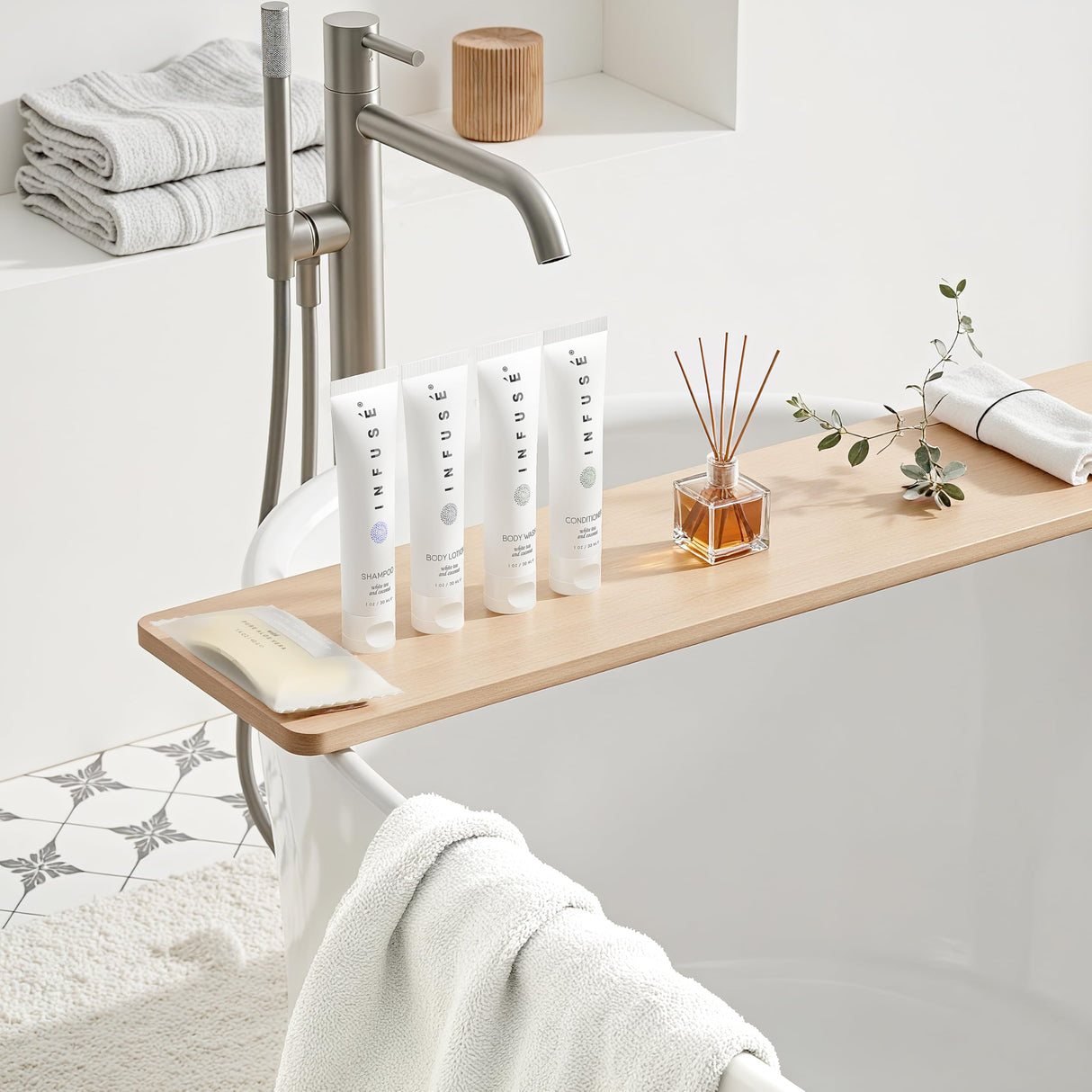 Infuse Pure White Tea and Coconut Hotel Soaps and Toiletries Bulk Set | 1-Shoppe All-In-Kit for Airbnb | 1oz Shampoo & Conditioner, Body Wash, Lotion & 1.25oz Bar Soap | Travel Size 150 Pieces