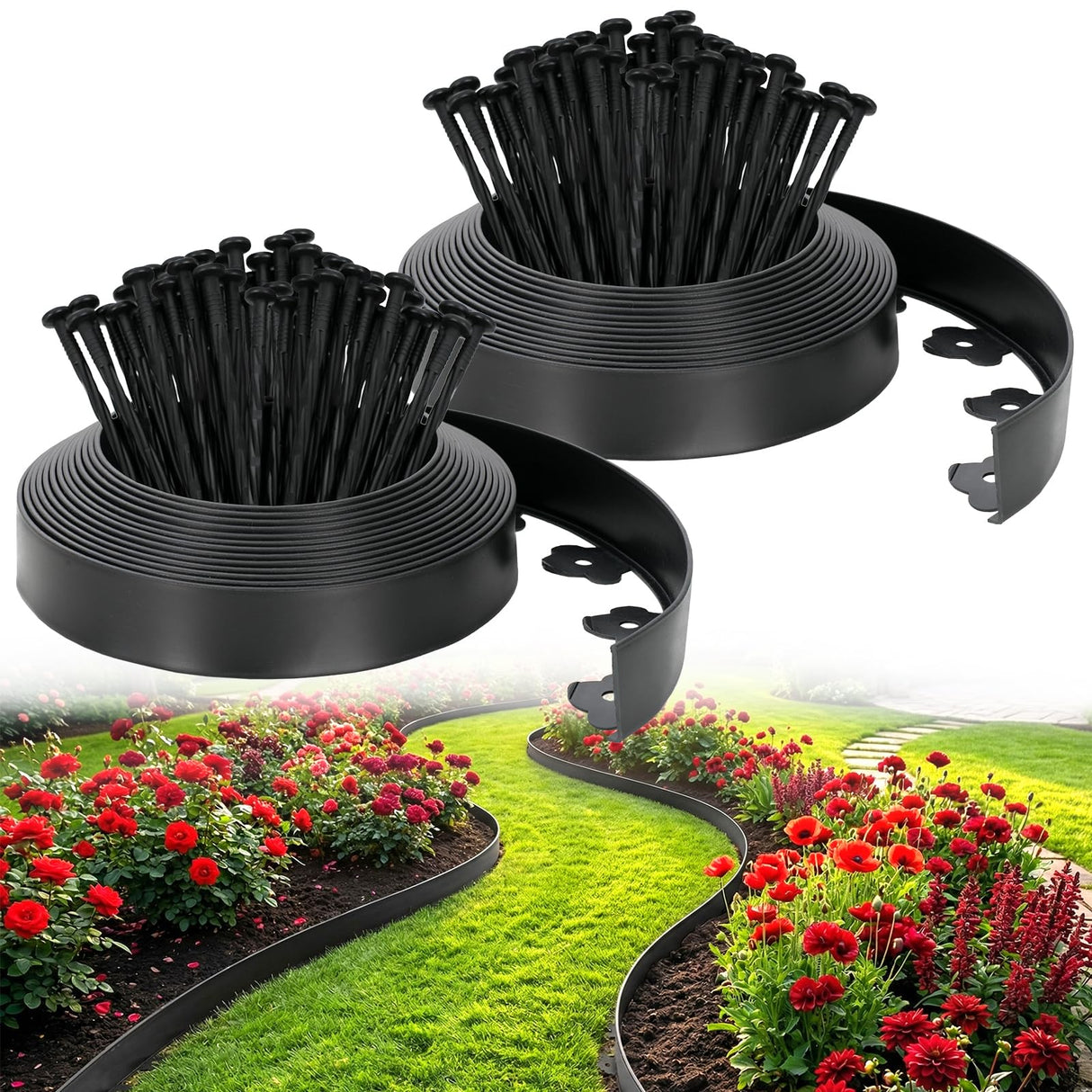 Velway No Dig Landscape Edging Kit 66FT with 100 Spikes Heavy Duty Black